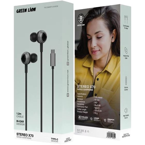 هندزفری سیمی گرین لاین تایپ سی Green Lion Stereo X70 Wired Earphone GNSTRX70WCBK